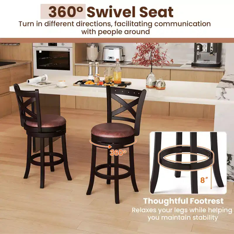 Costway Lot de 4 tabourets de bar pivotants de 66 cm avec repose-pieds et cadre en bois d'hévéa pour îlot de cuisine