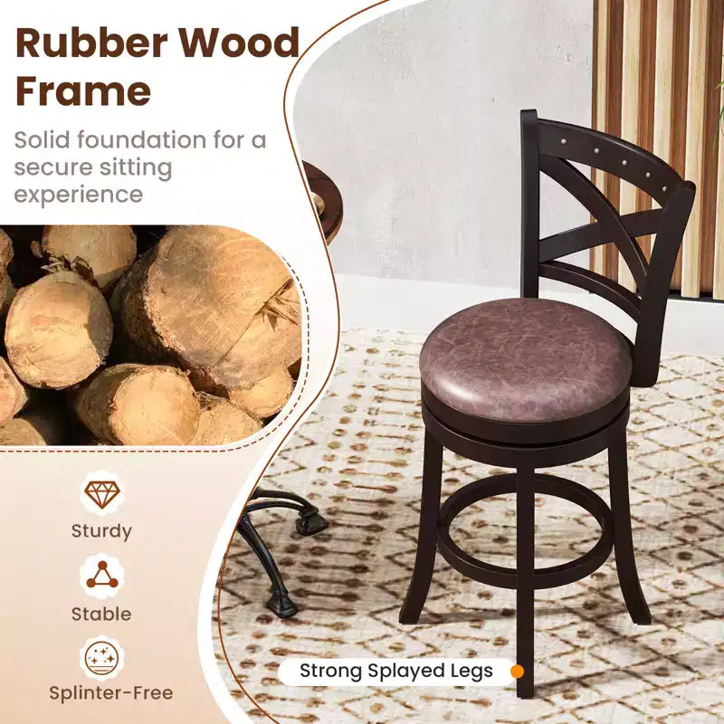 Costway Lot de 4 tabourets de bar pivotants de 66 cm avec repose-pieds et cadre en bois d'hévéa pour îlot de cuisine