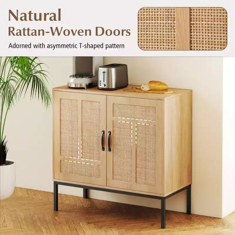 Meuble de rangement en rotin Costway avec buffet à 2 portes et étagère réglable sur 3 positions