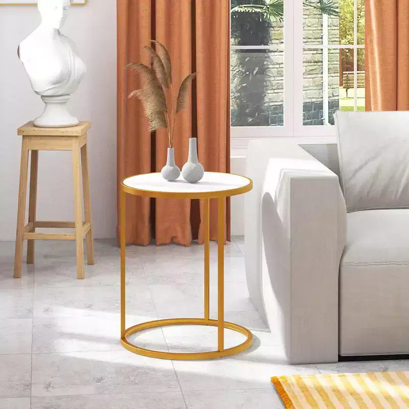 Costway Table d'appoint ronde 2 pièces avec plateau en marbre 19,5x19,5 Table d'appoint avec cadre en métal doré Or