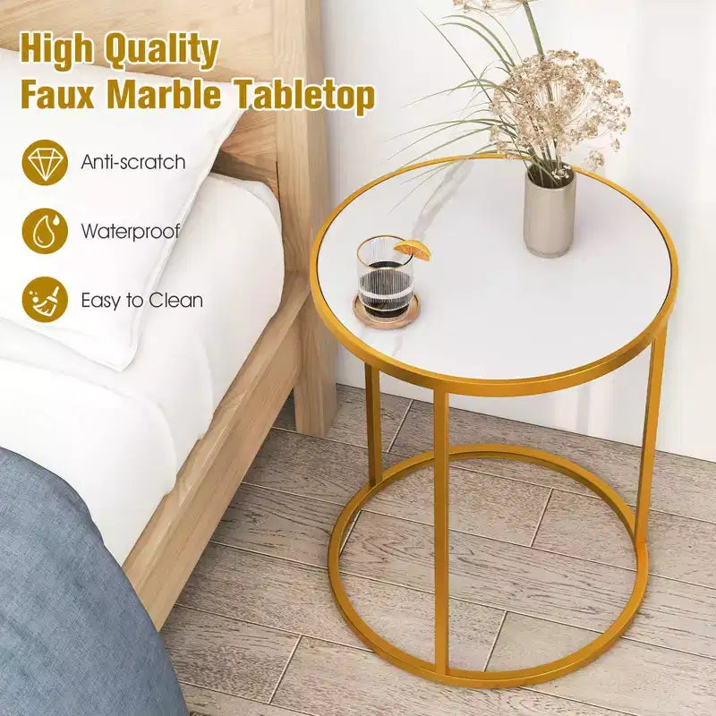 Costway Table d'appoint ronde 2 pièces avec plateau en marbre 19,5x19,5 Table d'appoint avec cadre en métal doré Or