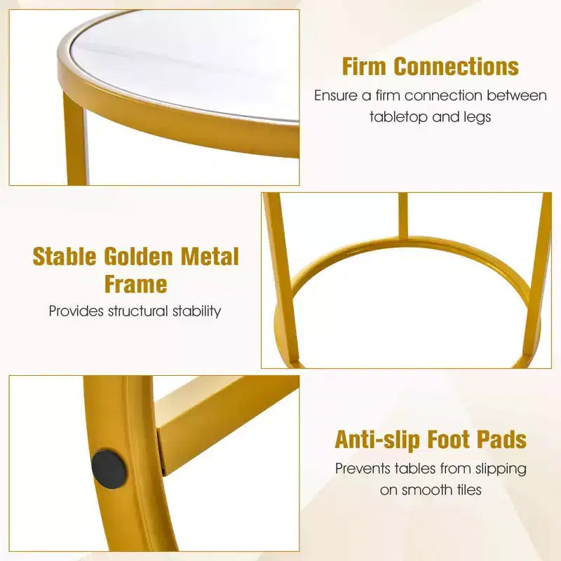 Costway Table d'appoint ronde 2 pièces avec plateau en marbre 19,5x19,5 Table d'appoint avec cadre en métal doré Or