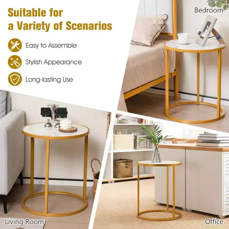Costway Table d'appoint ronde 2 pièces avec plateau en marbre 19,5x19,5 Table d'appoint avec cadre en métal doré Or