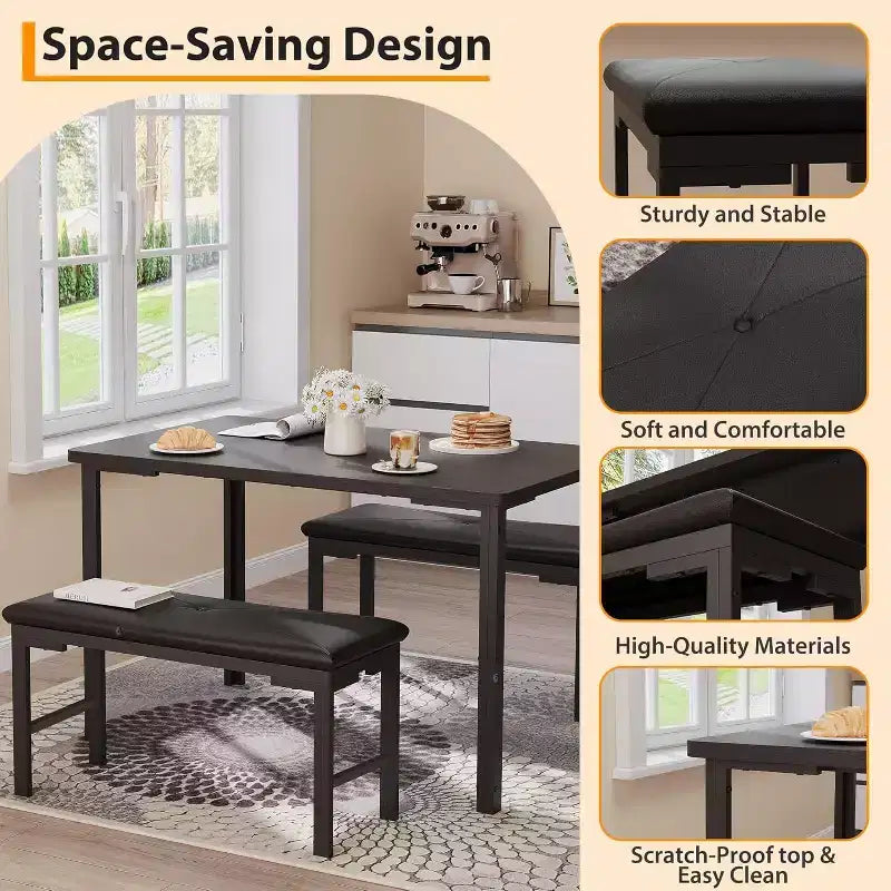 Ensemble table à manger pour 4, table de cuisine 3 pièces avec 2 bancs rembourrés, dînette peu encombrante pour salle à manger, appartement, petit espace