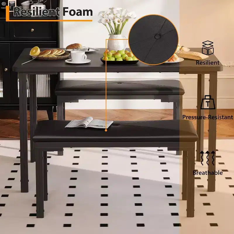 Ensemble table à manger pour 4, table de cuisine 3 pièces avec 2 bancs rembourrés, dînette peu encombrante pour salle à manger, appartement, petit espace