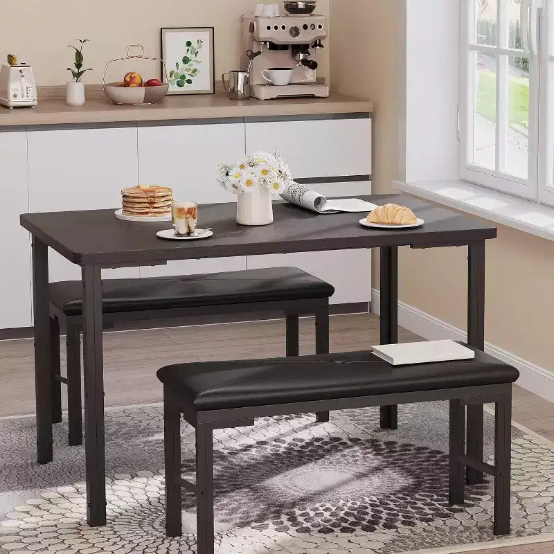 Dining Table Set for 4, 3-Piece Kitchen Table with 2 Upholstered Benches, Space-Saving Dinette for Dining Room, Apartment, Small Space