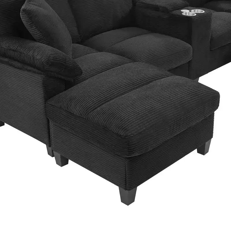 Canapé d'angle Whisen 116.9, canapé d'angle moderne en U, canapé rembourré en velours côtelé avec poufs, porte-gobelets