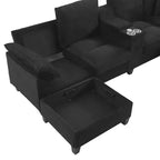 Canapé d'angle Whisen 116.9, canapé d'angle moderne en U, canapé rembourré en velours côtelé avec poufs, porte-gobelets