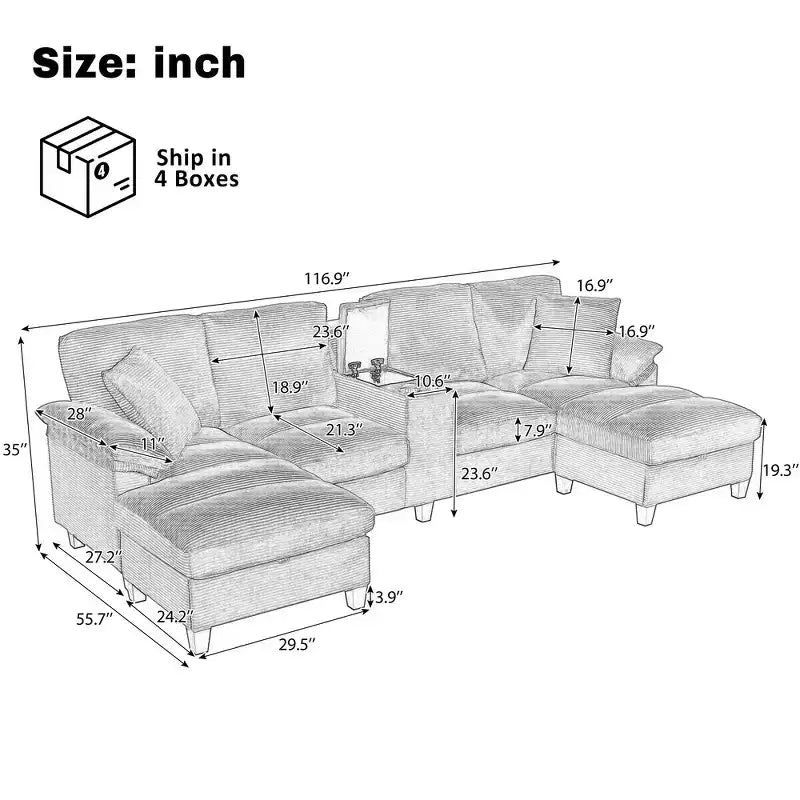 Canapé d'angle Whisen 116.9, canapé d'angle moderne en U, canapé rembourré en velours côtelé avec poufs, porte-gobelets