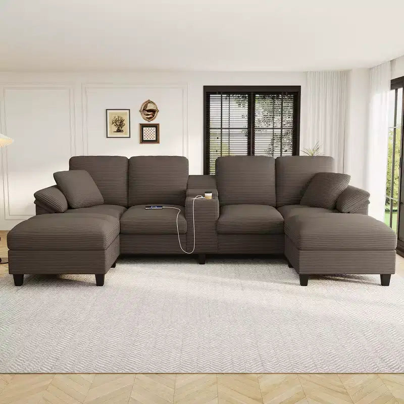 Canapé d'angle Whisen 116.9, canapé d'angle moderne en U, canapé rembourré en velours côtelé avec poufs, porte-gobelets