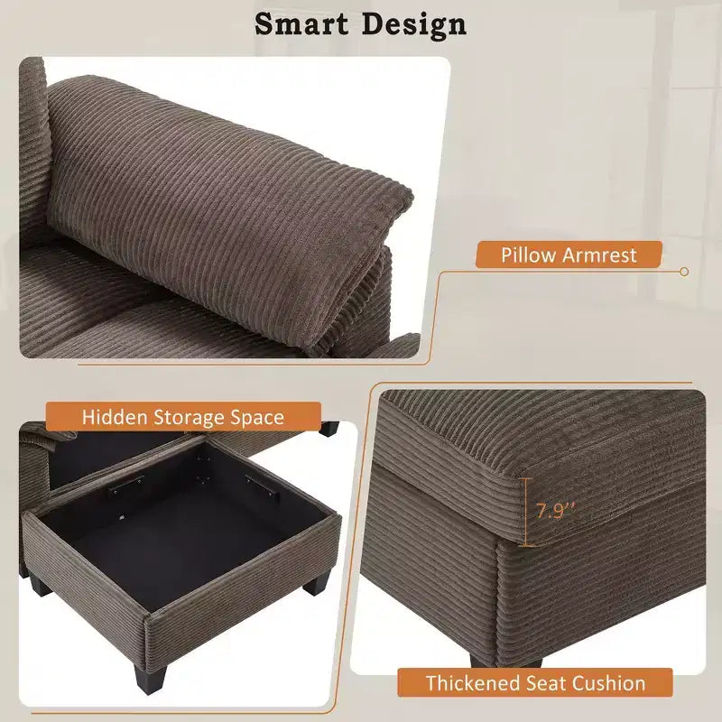 Canapé d'angle Whisen 116.9, canapé d'angle moderne en U, canapé rembourré en velours côtelé avec poufs, porte-gobelets