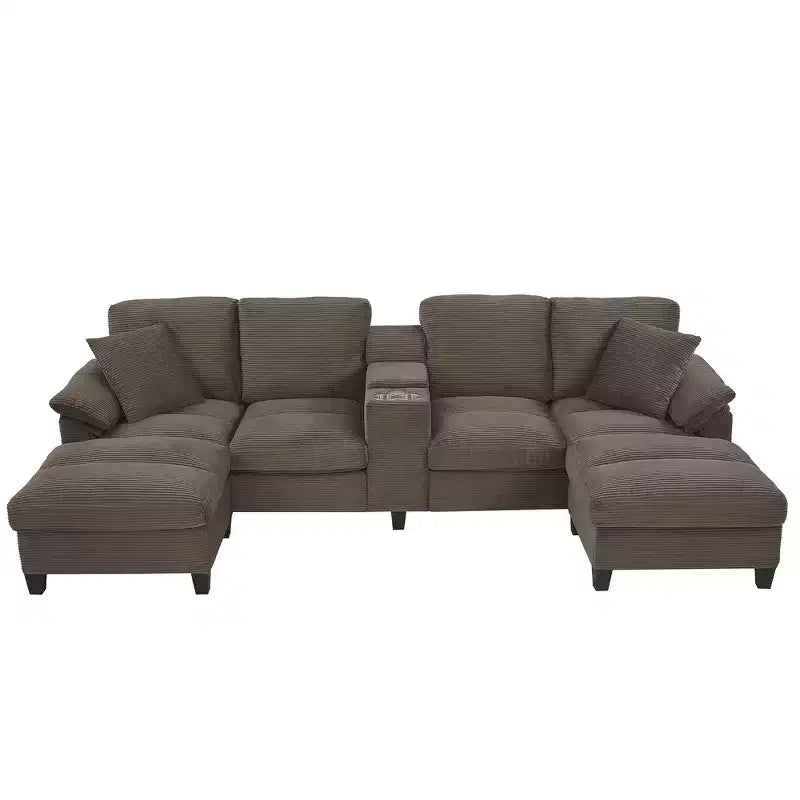 Canapé d'angle Whisen 116.9, canapé d'angle moderne en U, canapé rembourré en velours côtelé avec poufs, porte-gobelets
