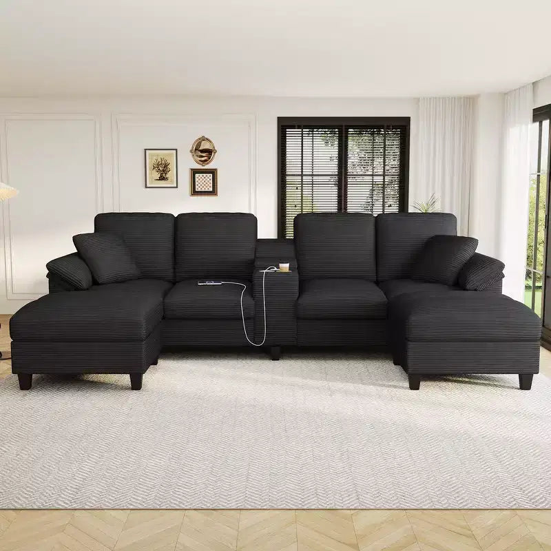 Canapé d'angle Whisen 116.9, canapé d'angle moderne en U, canapé rembourré en velours côtelé avec poufs, porte-gobelets