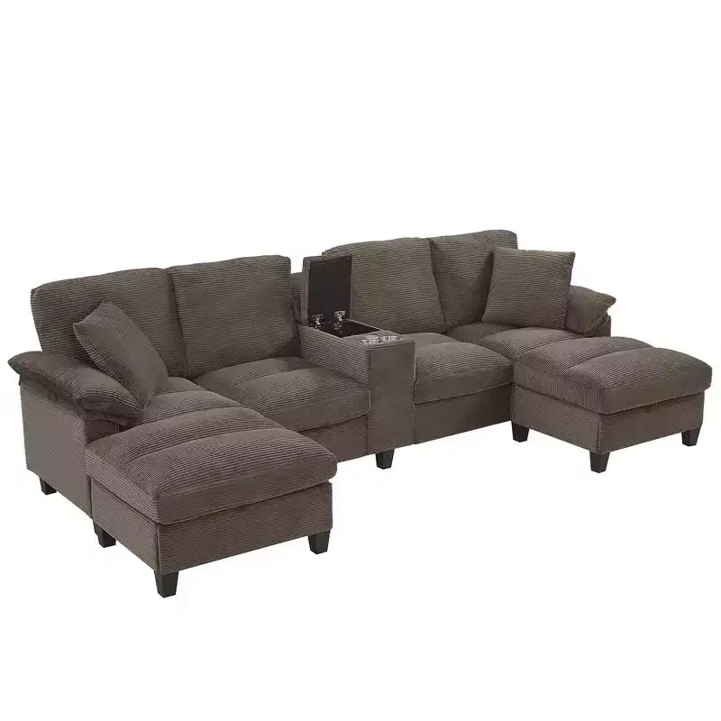 Canapé d'angle Whisen 116.9, canapé d'angle moderne en U, canapé rembourré en velours côtelé avec poufs, porte-gobelets