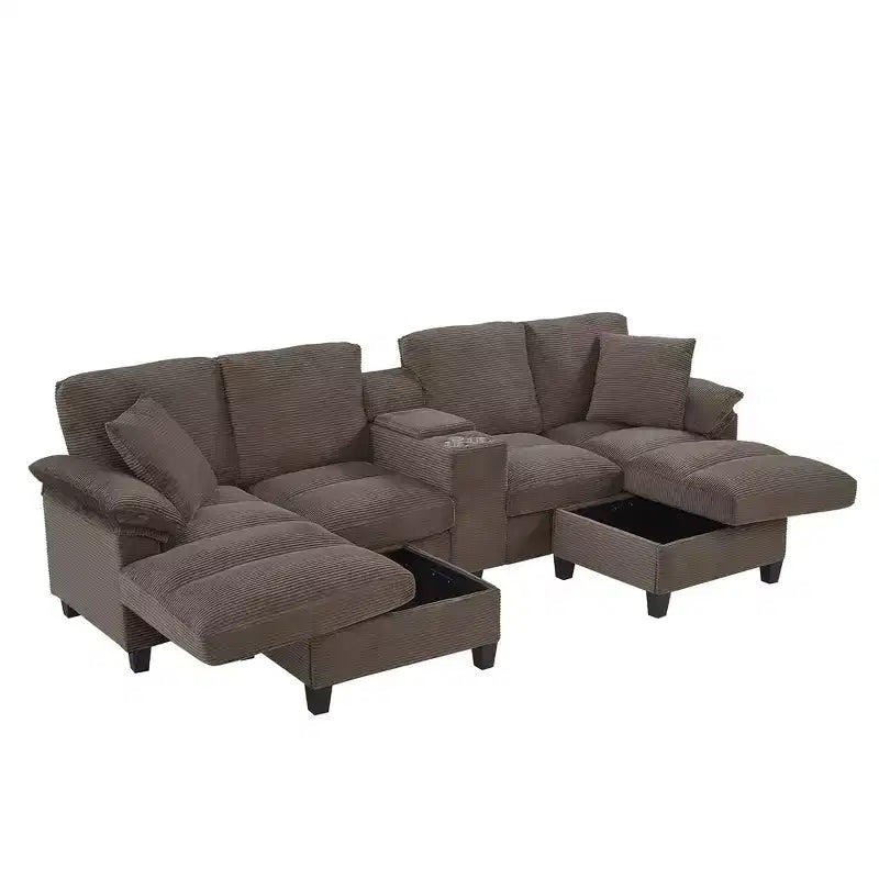 Canapé d'angle Whisen 116.9, canapé d'angle moderne en U, canapé rembourré en velours côtelé avec poufs, porte-gobelets