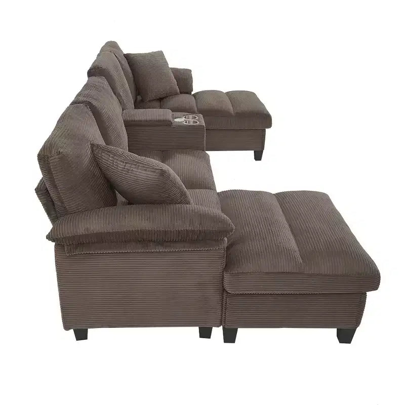 Canapé d'angle Whisen 116.9, canapé d'angle moderne en U, canapé rembourré en velours côtelé avec poufs, porte-gobelets