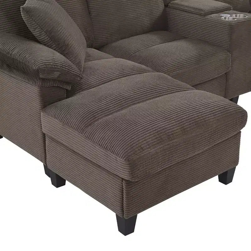 Canapé d'angle Whisen 116.9, canapé d'angle moderne en U, canapé rembourré en velours côtelé avec poufs, porte-gobelets