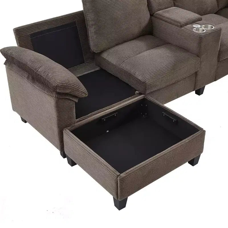 Canapé d'angle Whisen 116.9, canapé d'angle moderne en U, canapé rembourré en velours côtelé avec poufs, porte-gobelets