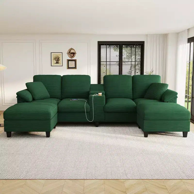 Canapé d'angle Whisen 116.9, canapé d'angle moderne en U, canapé rembourré en velours côtelé avec poufs, porte-gobelets
