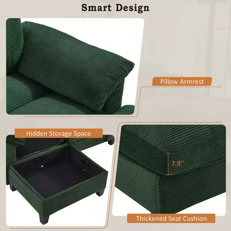 Canapé d'angle Whisen 116.9, canapé d'angle moderne en U, canapé rembourré en velours côtelé avec poufs, porte-gobelets