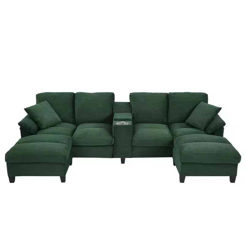 Canapé d'angle Whisen 116.9, canapé d'angle moderne en U, canapé rembourré en velours côtelé avec poufs, porte-gobelets