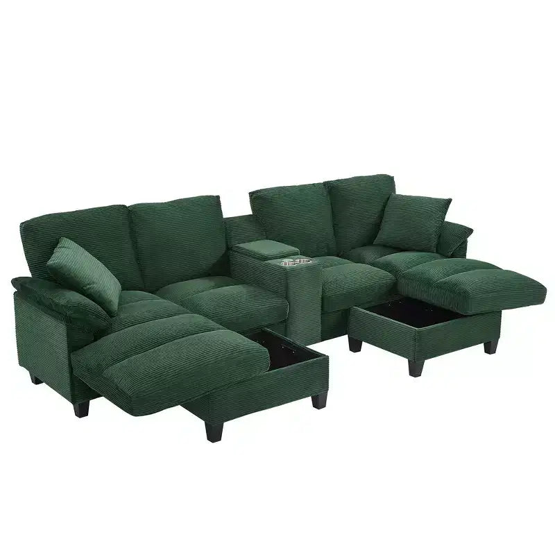 Canapé d'angle Whisen 116.9, canapé d'angle moderne en U, canapé rembourré en velours côtelé avec poufs, porte-gobelets
