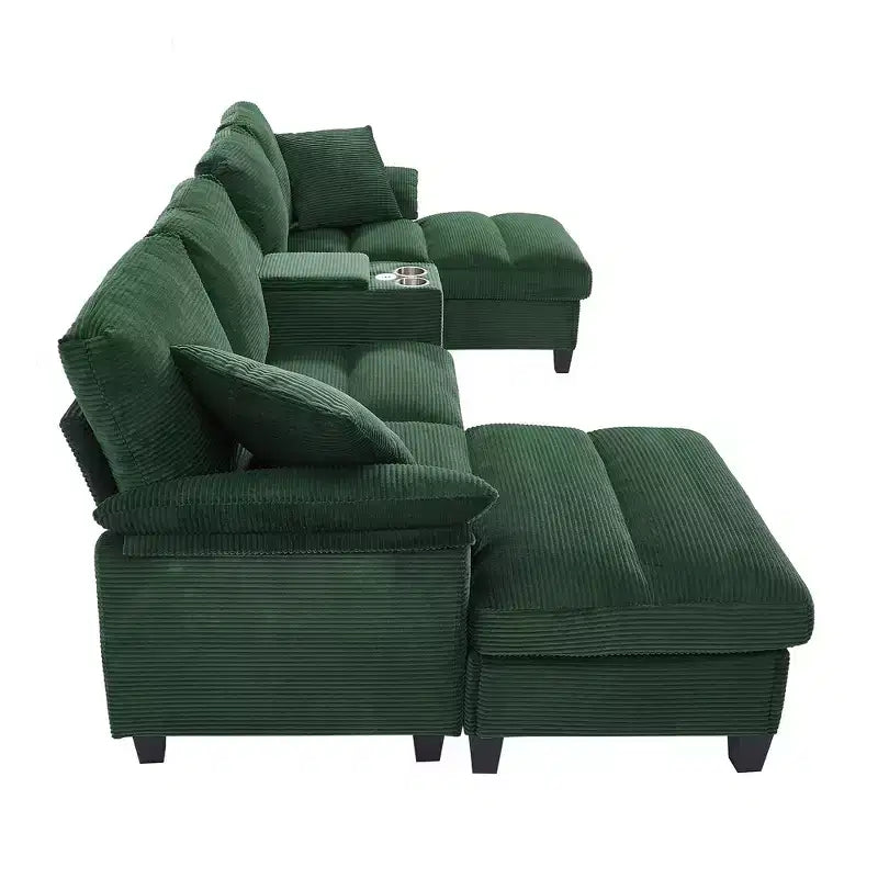 Canapé d'angle Whisen 116.9, canapé d'angle moderne en U, canapé rembourré en velours côtelé avec poufs, porte-gobelets