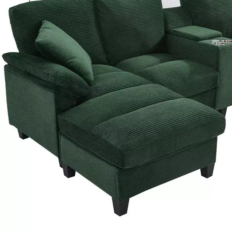 Canapé d'angle Whisen 116.9, canapé d'angle moderne en U, canapé rembourré en velours côtelé avec poufs, porte-gobelets