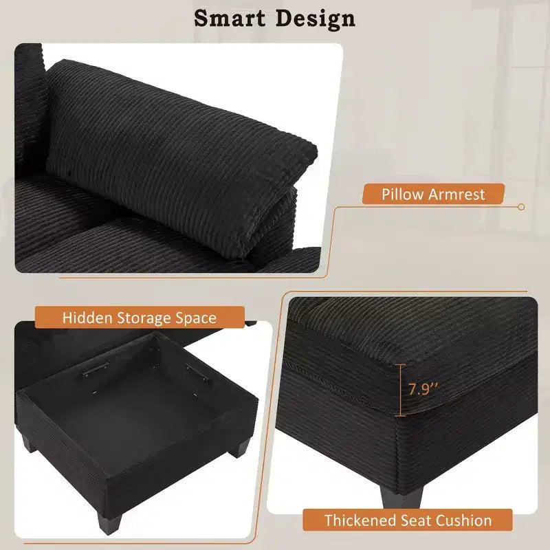 Canapé d'angle Whisen 116.9, canapé d'angle moderne en U, canapé rembourré en velours côtelé avec poufs, porte-gobelets