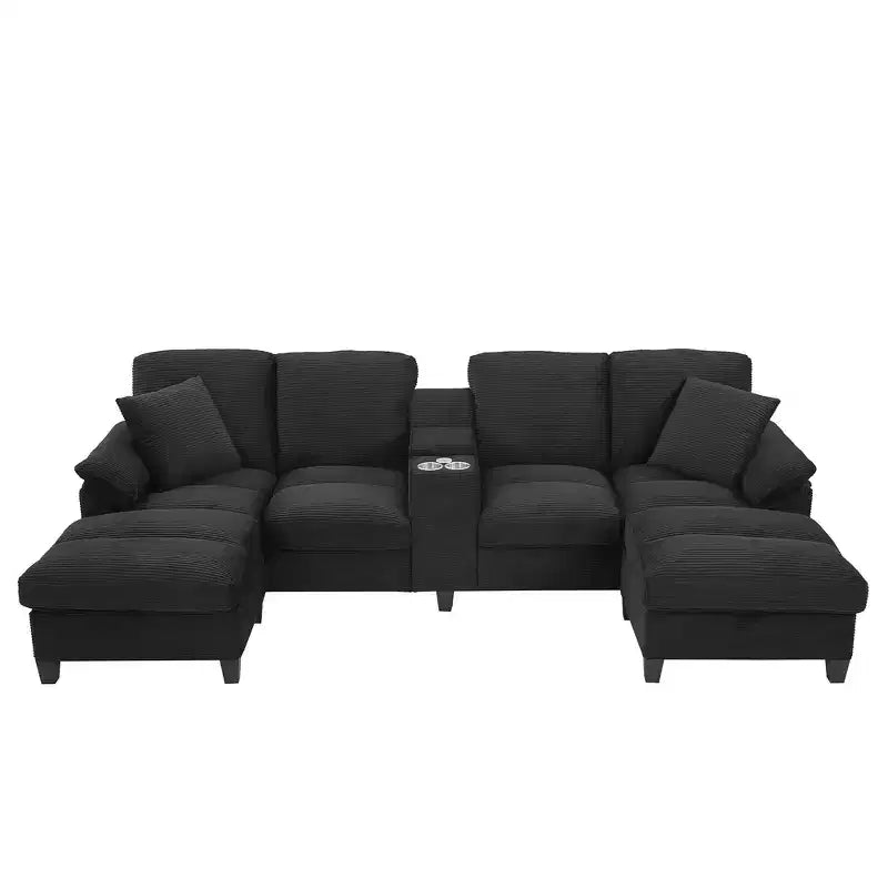 Canapé d'angle Whisen 116.9, canapé d'angle moderne en U, canapé rembourré en velours côtelé avec poufs, porte-gobelets