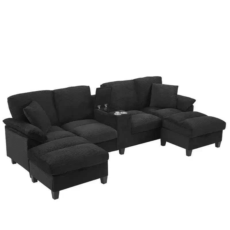 Canapé d'angle Whisen 116.9, canapé d'angle moderne en U, canapé rembourré en velours côtelé avec poufs, porte-gobelets