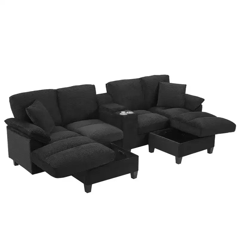 Canapé d'angle Whisen 116.9, canapé d'angle moderne en U, canapé rembourré en velours côtelé avec poufs, porte-gobelets
