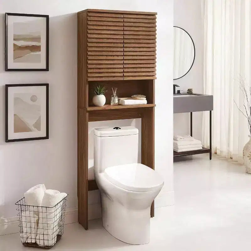 Meuble de rangement WC moderne en noyer avec étagère ouverte et 2 portes à fermeture douce, organisateur de linge mural avec étagères réglables