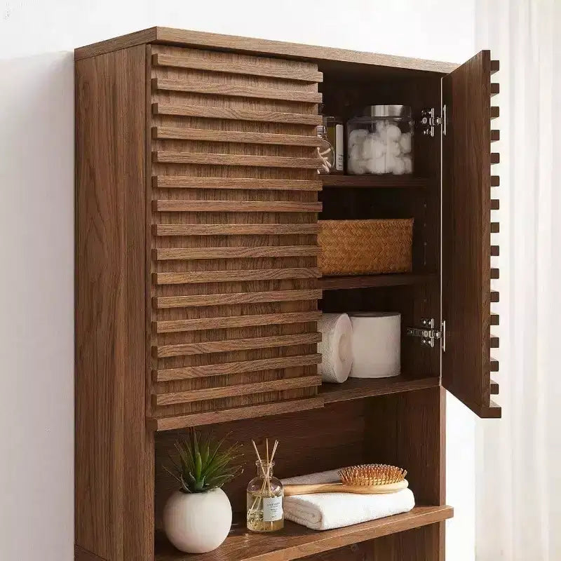 Meuble de rangement WC moderne en noyer avec étagère ouverte et 2 portes à fermeture douce, organisateur de linge mural avec étagères réglables