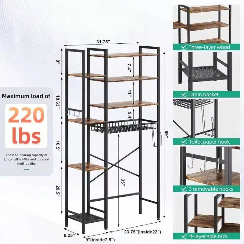8 - Étagère de Rangement pour Toilettes à Plusieurs Niveaux avec Support Latéral, Panier de Vidange à Étagère Réglable, Organisateur de Salle de Bain Autonome pour Balcon