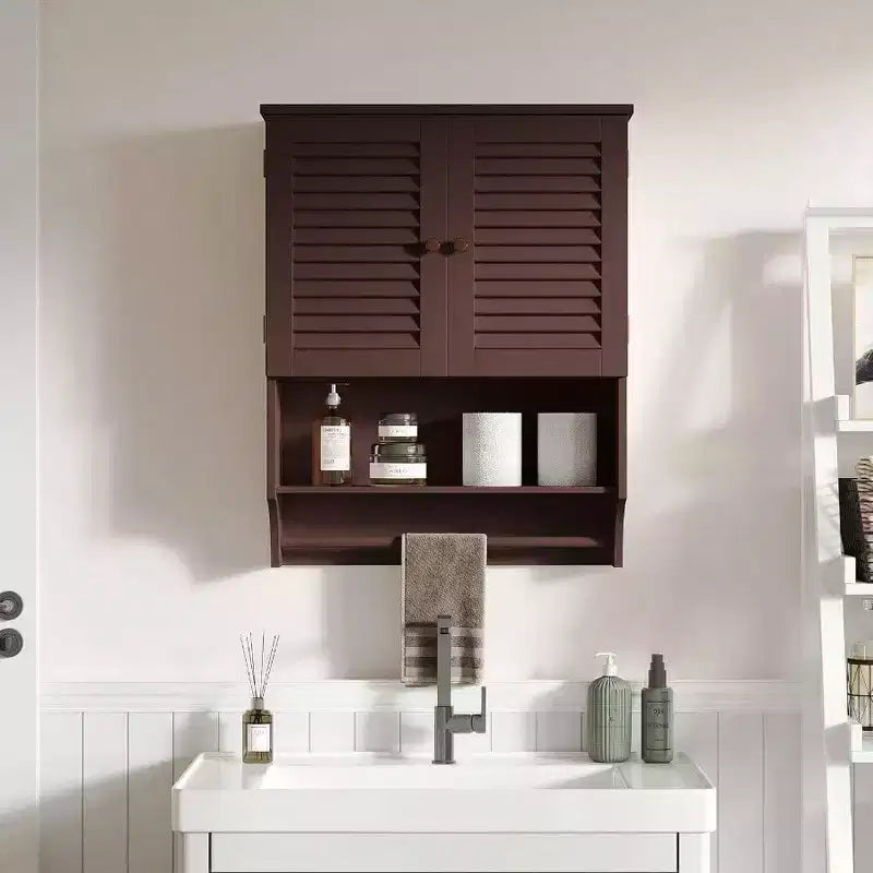 Armoire Murale de Salle de Bain avec Barre Porte-Serviettes, 60 cm L x 20 cm P x 70 cm H, Matériau MDF, Couleur Expresso, Meuble de Rangement Gain de Place Au-dessus des Toilettes