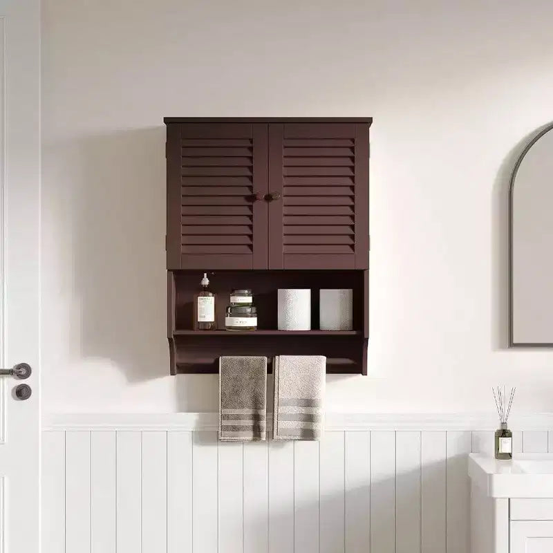Armoire Murale de Salle de Bain avec Barre Porte-Serviettes, 60 cm L x 20 cm P x 70 cm H, Matériau MDF, Couleur Expresso, Meuble de Rangement Gain de Place Au-dessus des Toilettes