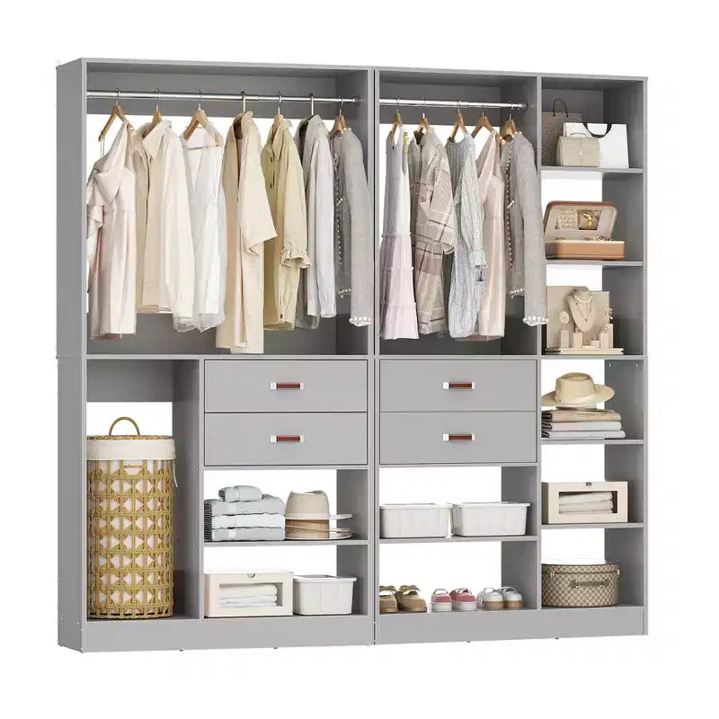 Besiost Ensemble de système d'organisation de placard de 203 cm avec tiroirs en bois, armoire autoportante avec tringle à vêtements