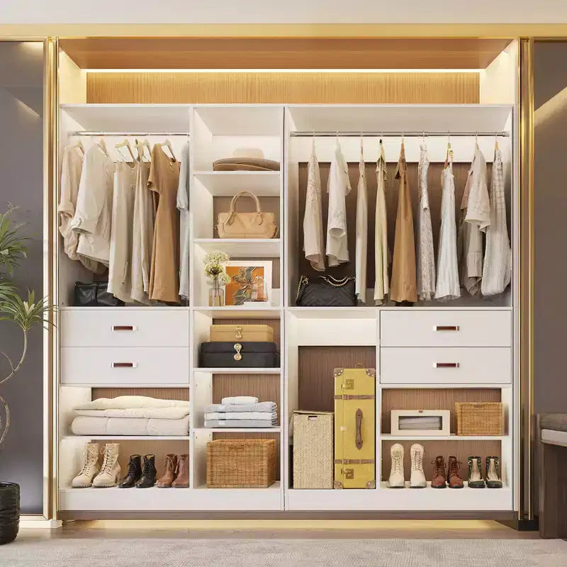 Besiost Ensemble de système d'organisation de placard de 203 cm avec tiroirs en bois, armoire autoportante avec tringle à vêtements