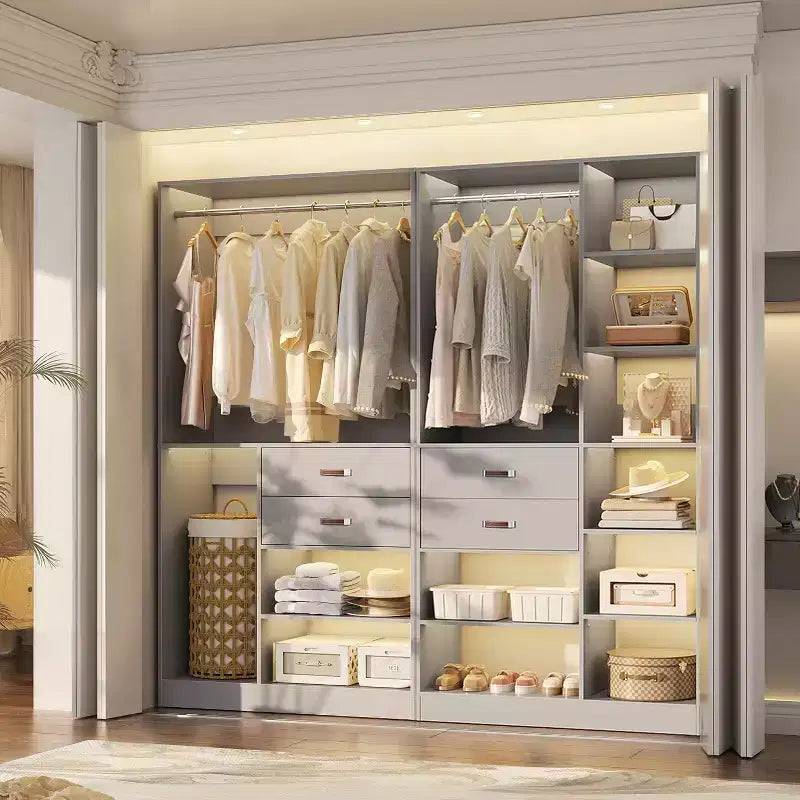 Besiost Ensemble de système d'organisation de placard de 203 cm avec tiroirs en bois, armoire autoportante avec tringle à vêtements