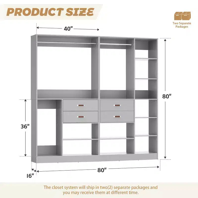 Besiost Ensemble de système d'organisation de placard de 203 cm avec tiroirs en bois, armoire autoportante avec tringle à vêtements