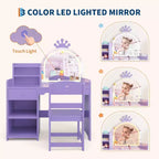Coiffeuse 2-en-1 pour enfants avec tabouret, miroir réglable et rangement, table de maquillage pour salle de jeux pour tout-petits et petites filles, assemblage facile et design sûr