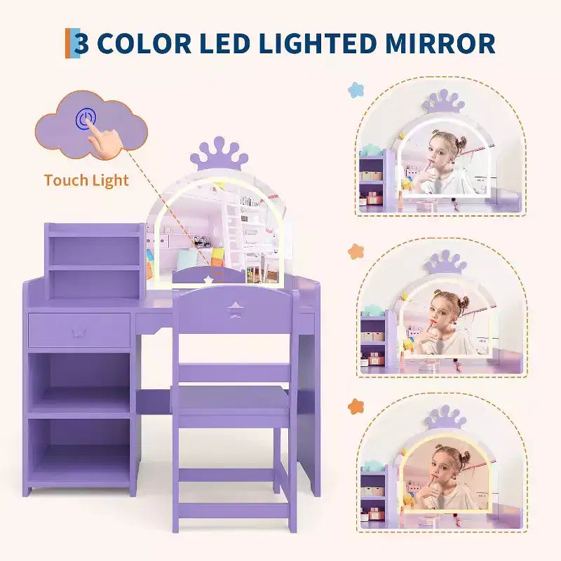 Coiffeuse 2-en-1 pour enfants avec tabouret, miroir réglable et rangement, table de maquillage pour salle de jeux pour tout-petits et petites filles, assemblage facile et design sûr