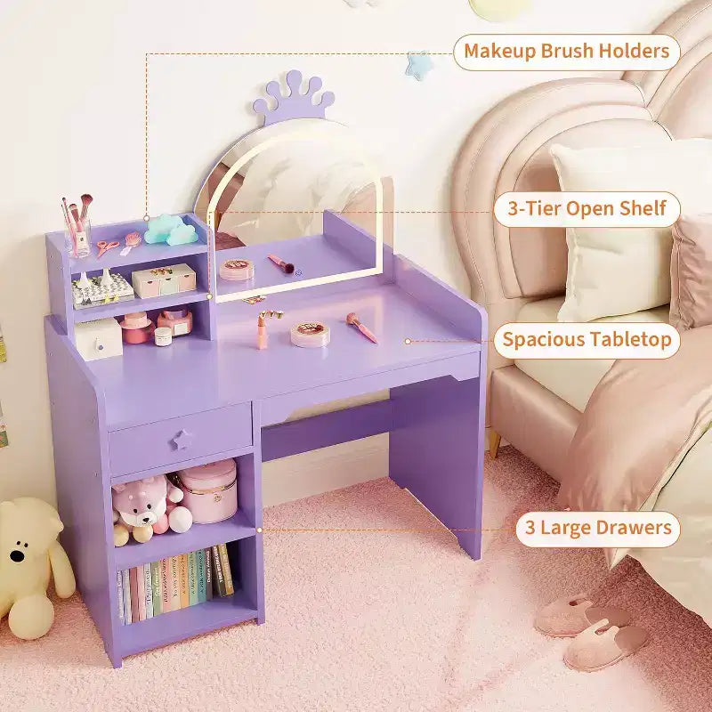 Coiffeuse 2-en-1 pour enfants avec tabouret, miroir réglable et rangement, table de maquillage pour salle de jeux pour tout-petits et petites filles, assemblage facile et design sûr