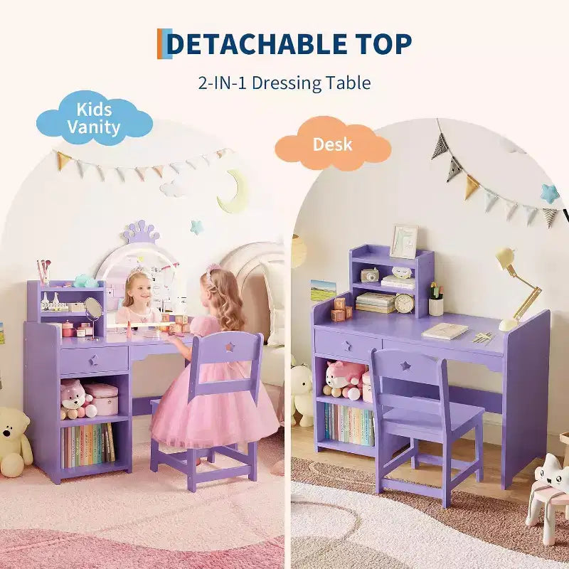 Coiffeuse 2-en-1 pour enfants avec tabouret, miroir réglable et rangement, table de maquillage pour salle de jeux pour tout-petits et petites filles, assemblage facile et design sûr