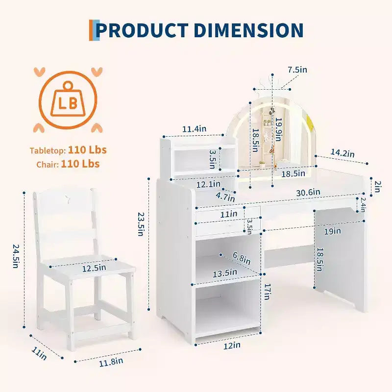 Coiffeuse 2-en-1 pour enfants avec tabouret, miroir réglable et rangement, table de maquillage pour salle de jeux pour tout-petits et petites filles, assemblage facile et design sûr