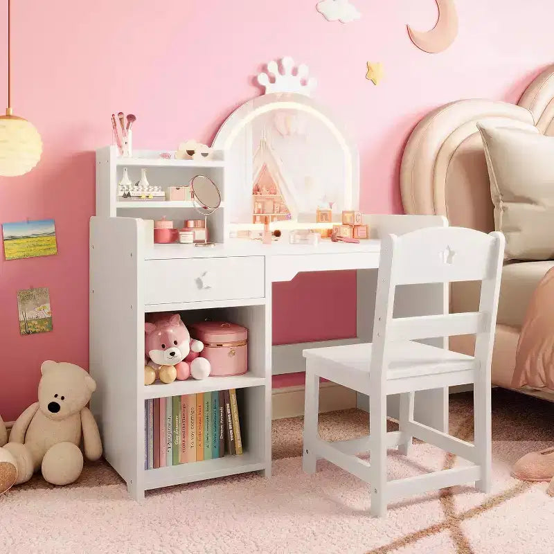 Coiffeuse 2-en-1 pour enfants avec tabouret, miroir réglable et rangement, table de maquillage pour salle de jeux pour tout-petits et petites filles, assemblage facile et design sûr