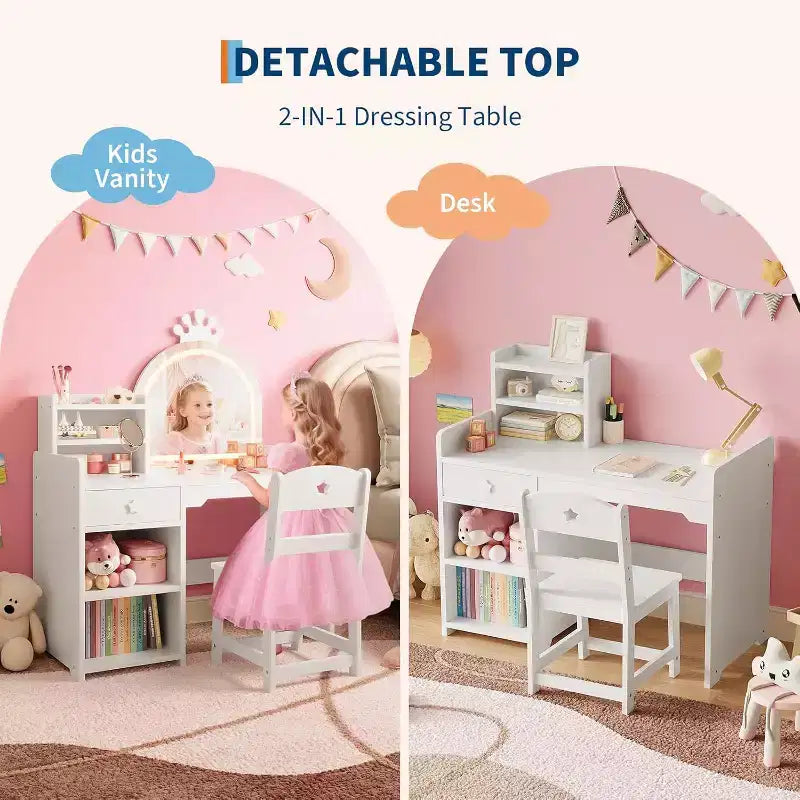 Coiffeuse 2-en-1 pour enfants avec tabouret, miroir réglable et rangement, table de maquillage pour salle de jeux pour tout-petits et petites filles, assemblage facile et design sûr
