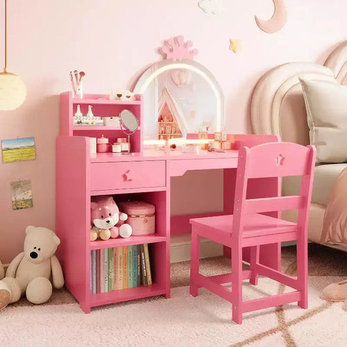 Coiffeuse 2-en-1 pour enfants avec tabouret, miroir réglable et rangement, table de maquillage pour salle de jeux pour tout-petits et petites filles, assemblage facile et design sûr