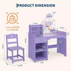 Coiffeuse 2-en-1 pour enfants avec tabouret, miroir réglable et rangement, table de maquillage pour salle de jeux pour tout-petits et petites filles, assemblage facile et design sûr